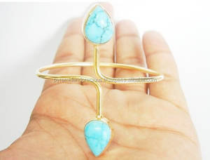 Turquoise & <b>Gold</b> <b>Plated</b> 925 Sterling Silver Adjustable Fine <b>Bangle</b> with Gemstone - Product Image 2