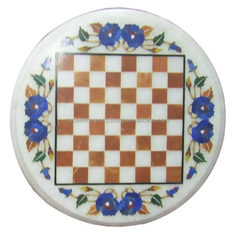 White Marble Chess Inlay Coffee Table Top Indian Makrana Marble Inlay Table Top