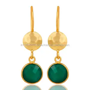 Pretty Round Green Onyx Gold Filigree Gemstone Bezel Set Dangle Earrings