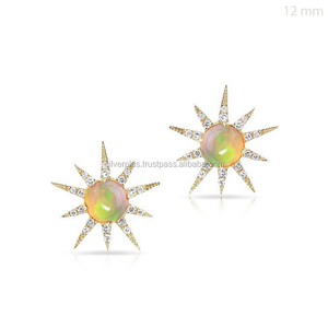 Solid 14K Rose Gold Minimalist Starburst <b>Stud</b> <b>Earrings</b> Natural <b>Opal</b> Gemstone Diamond for Engagement Wedding Party Wholesale - Product Image 3