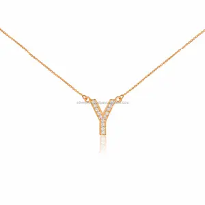 Solid 14k Yellow Gold "Y" Alphabet Initial Letter Genuine Pave Diamond Pendant Necklace Manufacturer Supplier Jewelry