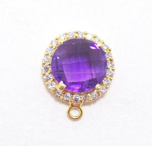 Bisel de circón cúbico de fianza única de Plata de Ley 925, Conector de piedras preciosas de cuarzo amatista chapado en oro para componentes de fabricación de joyas - Product Image 3