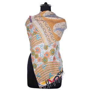 Kantha Work Cotton SC1031 Scarves Vintage Kantha Hand Stitched Cotton Allover Scarf <b>Shawls</b> Reversible Stole Handmade Scarf - Product Image 1