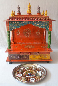 Hermoso Templo de madera pintado a mano Pooja Mandir con 2 cajones Templo de madera tallado a mano de alta calidad para decoración espiritual de oficina