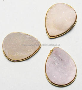 Pierre précieuse Druzy blanche en argent Sterling 925 avec connecteur de lunette de lien de fabrication de bijoux à la mode en forme de poire plaqué or - Product Image 1