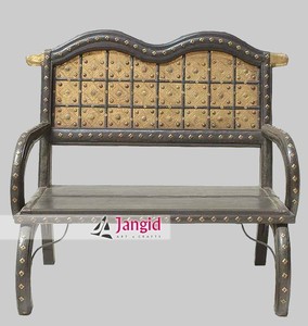 Banc de jardin traditionnel en bois massif antique, 2 places, écologique, durable, fait main, avec finitions en laiton, pour hôtel, ferme, jardin - Product Image 2