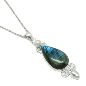 Increíble Joyería Shri Ashapura, Colgante de Plata de Ley 925 con Labradorita y Perla, Certificado por Terceros, Moderno, Unisex, para Aniversario - Product Image 3