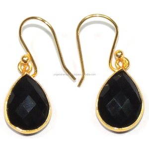 18K Gold Plated <b>Black</b> Onyx Gemstone Drop <b>Dangle</b> <b>Earrings</b> Trendy Pear Shape 925 Sterling Silver for Weddings Gifts Wholesale - Product Image 1