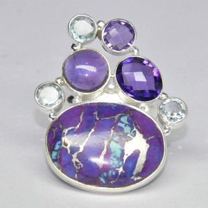 Multi Gemstone Anillos de Plata de Ley 925 Multi Gemstone Cobre púrpura Turquesa, Amatista, Topacio azul, Anillo de piedras preciosas de cristal. - Product Image 3