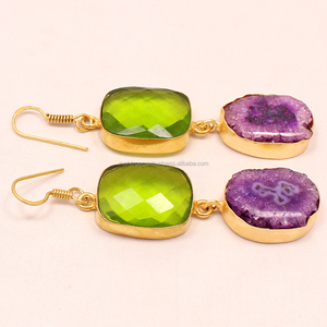<b>Beautiful</b> Green and Purple Solar Agate Gold Plated Women's Anniversary Hanging Statement Fashion Drop <b>Earrings</b> - Product Image 2
