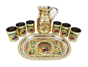 ROYAL PEACOCK Designed MEENAKARI Decorated Stainless Steel JUG/POT with Matching TRAY & 6-GLASSES - G.M. - Product Image 2