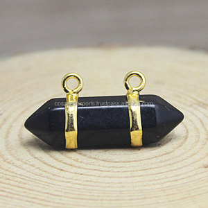 Pendentif en agate noire naturelle, pointe de balle, pendentif en quartz hexagonal, or véritable - Product Image 5