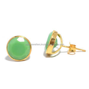 925 Sterling Silver Chrysoprase Gemstone Bezel Setting Gold Vermeil Stud Boucles d'oreilles pour les fiançailles, les cadeaux de mariage et d'anniversaire - Product Image 1