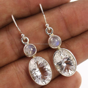 Pendientes de gemas de cuarzo cristal y piedra de Luna arcoíris natural 925 plata esterlina sólida hecha a mano nueva redonda y ovalada - Product Image 1