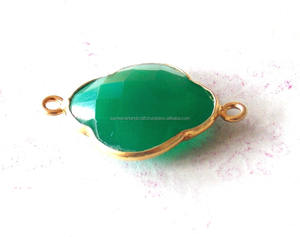 Pierre précieuse Onyx vert fait à la main connecteur de lunette forme trèfle plaqué or pierre à facettes 12mm breloque pour la fabrication de bijoux et l'artisanat - Product Image 2