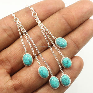 Boucles d'oreilles pendantes en argent sterling 925 massif avec pierres précieuses turquoise (S), plaquées or, collection unique pour femmes, tendance et élégante - Product Image 1
