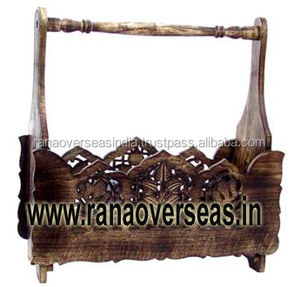 Classy <b>Wooden</b> Newspaper Magazine Holder With Carved Design and Handle for <b>Table</b> <b>Top</b> Decor - Product Image 2
