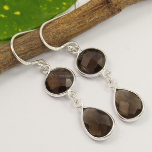 Fashionable 925 <b>Solid</b> Sterling <b>Silver</b> Natural Brown SMOKY QUARTZ Checker Gemstones Delicate <b>Earrings</b> NEW Jewellery - Product Image 2