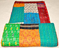Couvre-lit en patchwork multicolores en soie 100% fait main, style vintage indien Kantha, taille Queen, pour la maison et l'hôtel, marque Balajee