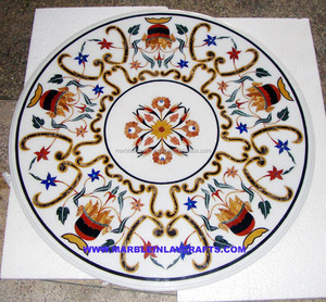 Beautiful <b>White</b> Marble Inlay <b>Round</b> <b>Table</b> Top - Product Image 1