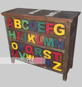 Buffet de rangement vintage en bois de manguier recyclé, armoire de cuisine, meuble de salon artisanal de style ferme avec lettres décoratives sur le devant - Product Image 5