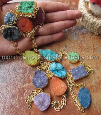 22 carati oro polacco Druzy Collana A Lunga Catena Senza Fine Con Catena Sottile