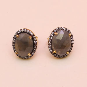 Oval Natural Multi <b>Sapphire</b> Gemstone 925 Sterling Sliver Stud <b>Earrings</b>, 18k <b>Gold</b> Plated Cubic Zircon Stud <b>Earrings</b> For Women - Product Image 1