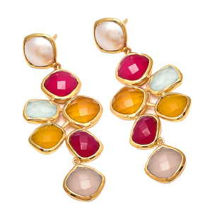 Boucles d'oreilles pour femmes en argent sterling 925 faites à la main, plaquées or massif, forme coussin, multi-pierres précieuses, pendantes, classiques, certifiées par une tierce partie - Product Image 3