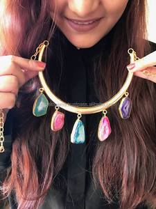 Multi-Color Geode Druzy Agate Statement <b>Bib</b> <b>Necklace</b> Brass Accents Wedding Party Engagement Gift Fashion Beaded Jewelry Mohit DF - Product Image 3