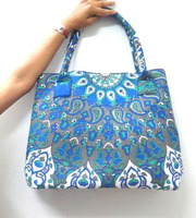 Tas Tote Kasual Wanita Desain India Bohemian Geometris Floral Ringan Ramah Lingkungan Bahan Katun Dua Tali Bahu Terbuka