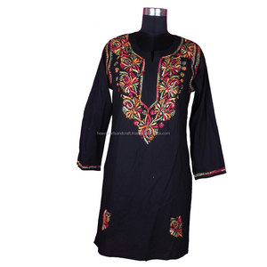 DRL003Chicken Embroidered Long <b>Kurta</b> Indian Cotton Tunic Floral <b>Top</b> Holiday Clothed Size S, M, L, XL, XXL - Product Image 1