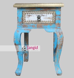 <b>Rustic</b> Distressed Wooden <b>Bedside</b> Nightstand 1 Drawer Turquoise Blue Antique Bedroom Side <b>Table</b> End <b>Table</b> For Hotel Living Room - Product Image 1