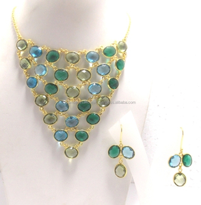 Juego de collar con bisel de múltiples piedras etéreas, cadena de cuentas chapadas en oro para fiestas, compromisos o regalos, estilo étnico - Product Image 2