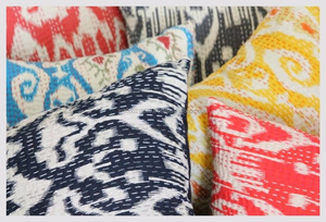 Ikat Print Kantha Handmade Embroidery Cushion <b>Pillow</b> Traditional Ethnic Art Home Decorative 100% Silk - Product Image 2