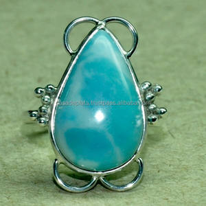 Sólido. Anillo de piedras preciosas Larimar de Plata de Ley 925 hecho a mano joyería de moda clásica para Unisex para regalo de fiesta de compromiso de boda - Product Image 1