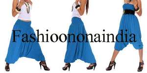 Sky Blue Aladdin กางเกงฮาเร็มทรงหลวมสไตล์ฮิปปี้,เสื้อผ้าฝ้ายใส่ได้ทั้งชายหญิงพิมพ์ลายดอกไม้สีน้ำเงินพิมพ์ลาย - Product Image 4