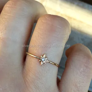 14K Vàng Tinh Tế Starburst Xếp Chồng Nhẫn Với Chính Hãng Kim Cương Handmade Đám Cưới Và Đồ Trang Sức Bên - Product Image 1