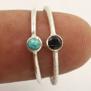 Empilement mignon bague en forme de rond taille turquoise (S) et pierres précieuses en onyx noir 925 lunette en argent sterling massif réglage bijoux fins - Product Image 2