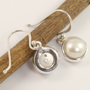 Charming <b>Earrings</b> Natural <b>Pearl</b> Cabochon Fine Gemstones Round Shaped Bezel Setting Pure 925 Solid Sterling <b>Silver</b> Exporter - Product Image 2
