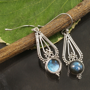 Precio al por mayor, conjunto de bisel, bonitos pendientes colgantes de piedras preciosas de labradorita azul Natural de corte redondo, Plata de Ley sólida 925 pura - Product Image 2