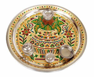 Kalash สแตนเลส meenakari จานตกแต่ง/THALI-GOLDEN Puja กับ4 tumblers (11 "X 11" x 0.75 "นิ้ว) - Product Image 1