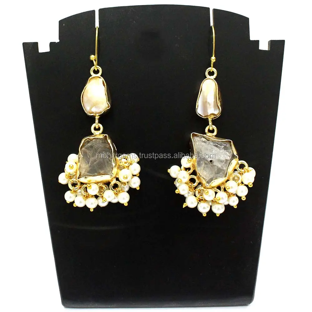 22 ct Gold Plating Pearl Rough Stone Statement Beautiful Pearl Kissed Earing