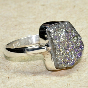 Púrpura Druzy piedra preciosa 925 plata esterlina hecho a mano diseñador anillo Unisex joyería para boda compromiso aniversario fiesta regalo - Product Image 2