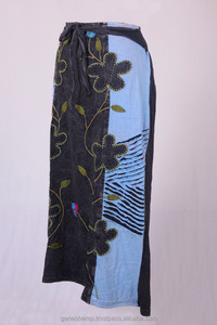 Stylish Razor Cut Embroidered Floral Patches & Print Blue Grey Maxi Wrap Around Summer Skirt HHCS 115 B - Product Image 3