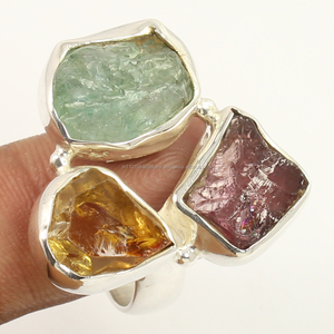 Bague en argent sterling 925 avec pierres précieuses naturelles aquamarine, grenat et citrine, sertie classique en bélière, pour anniversaire, mariage, fête, occasion spéciale - Product Image 2