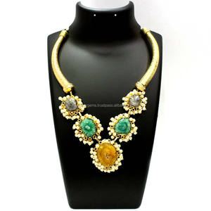 Collar llamativo de aleación de cuarzo solar multicolor chapado en oro antiguo con ágata para fiestas de compromiso, aniversario y bodas - Product Image 1