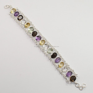 Pulsera de Plata de Ley con Cristales de Cuarzo Amatista y Citrino Natural para Mujer, Regalo Romántico, Ovalada, Pulida, para Fiesta - Product Image 1