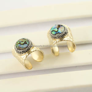 Natural Abalone Shell Rhinestone <b>Crystal</b> Paved Wide Gold Plated Rainbow Shell Gemstone Jewelry Eternity Vermeil <b>Rings</b> - Product Image 3