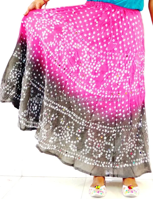 Indian Bandhej Cotton Long Bandhej Skirt -Girls Mirror Work Cotton Bandhani Skirt-Indian Banjara Skirts