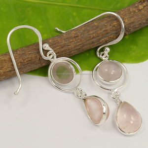 <b>Visualised</b> Mesmerising Beautiful Drop Earrings Natural Pink Rose Quartz Gemstones Pure 925 Solid Sterling Silver Jewelry - Product Image 2